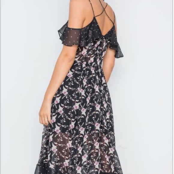 Black Floral/Polka Dot Midi Dress - Picture 3 of 6